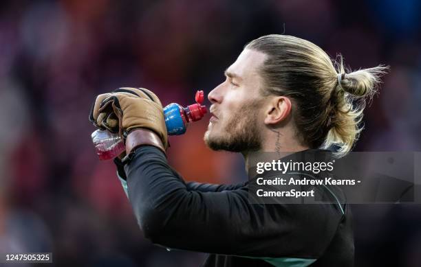 Newcastle Uniteds Loris Karius takes a drink during the warm up during the Carabao Cup Final match between Manchester United and Newcastle United at...
