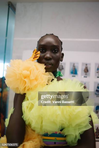 Model Backstage at Tomo Koizumi Fall 2023 Ready To Wear Runway Show on February 26, 2023 in Milan, Italy.