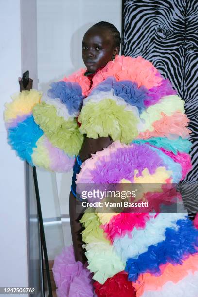 Model Backstage at Tomo Koizumi Fall 2023 Ready To Wear Runway Show on February 26, 2023 in Milan, Italy.