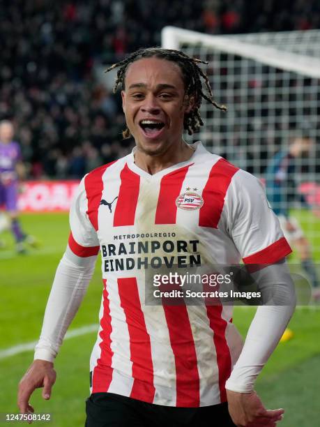 Xavi Simons of PSV celebrates 3-1 during the Dutch Eredivisie match between PSV v Fc Twente at the Philips Stadium on February 26, 2023 in Eindhoven...