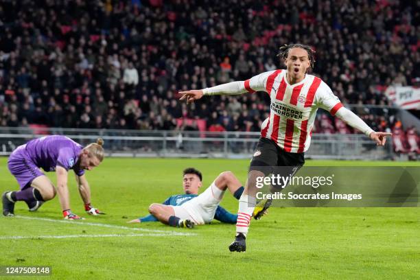 Xavi Simons of PSV celebrates 3-1 during the Dutch Eredivisie match between PSV v Fc Twente at the Philips Stadium on February 26, 2023 in Eindhoven...