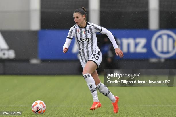 Cecilia Salvai of Juventus during the Women Serie A match between Juventus and Parma at Juventus Center Vinovo on February 26, 2023 in Vinovo, Italy.