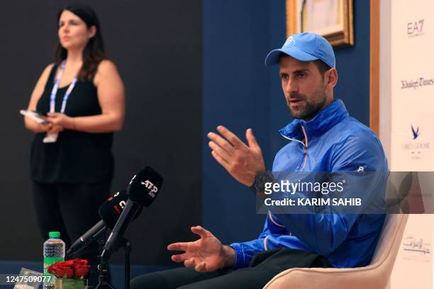 Novak Djokovic of Serbia holds a press conference during the ATP Dubai Duty Free Tennis Champiopnships in Dubai, on February 26, 2023.