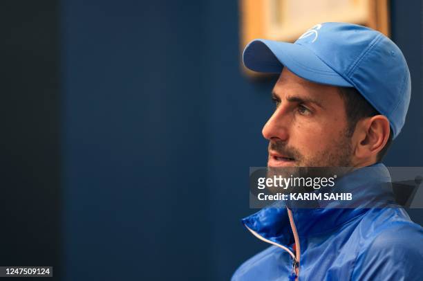 Novak Djokovic of Serbia holds a press conference during the ATP Dubai Duty Free Tennis Champiopnships in Dubai, on February 26, 2023.