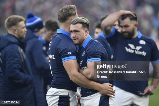 Scotland's Stuart Hogg is dejected at full time during a Guinness Six Nations match between France and Scotland at the Stade de France, on February...