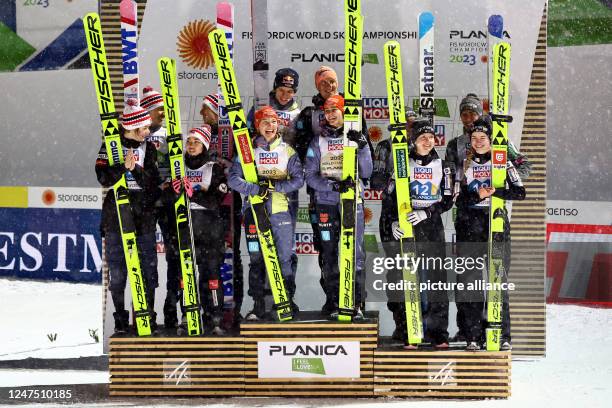 February 2023, Slovenia, Planica: Nordic Skiing: World Championships, Ski Jumping - Team Jumping Mixed, 2nd round. Runners-up from Norway . Winners...