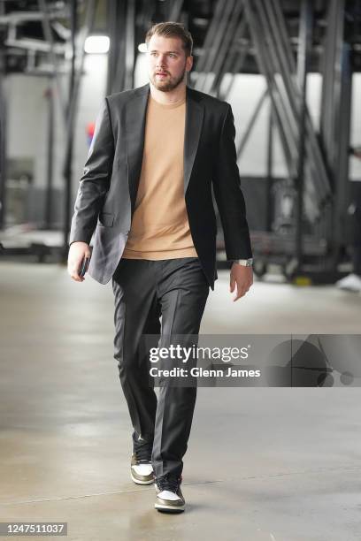Luka Doncic of the Dallas Mavericks arrives before the game on Febuary 26, 2023 at the American Airlines Center in Dallas, Texas. NOTE TO USER: User...
