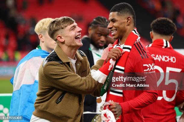 Manchester United's Marcus Rashford celebrates with Brandon Williams after winning the Carabao Cup Final match between Manchester United and...