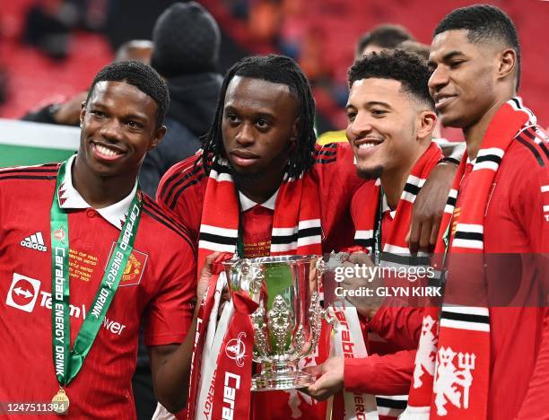 Manchester United's Dutch defender Tyrell Malacia, Manchester United's English defender Aaron Wan-Bissaka, Manchester United's English striker Jadon...