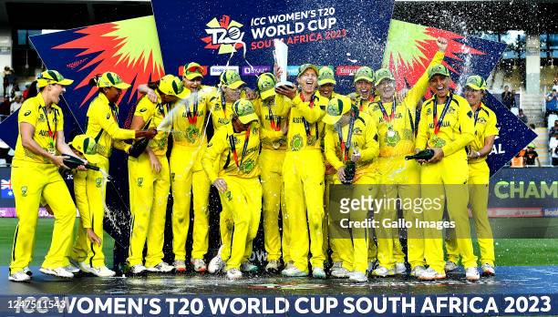 Meg Lanning of Australia lifts the ICC Women's T20 World Cup during the ICC Women's T20 World Cup final match between Australia and South Africa at...
