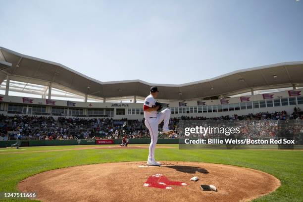 Josh Winckowski of the Boston Red Sox warms up during the first inning of a Spring Training Grapefruit League game against the Tampa Bay Rays on...