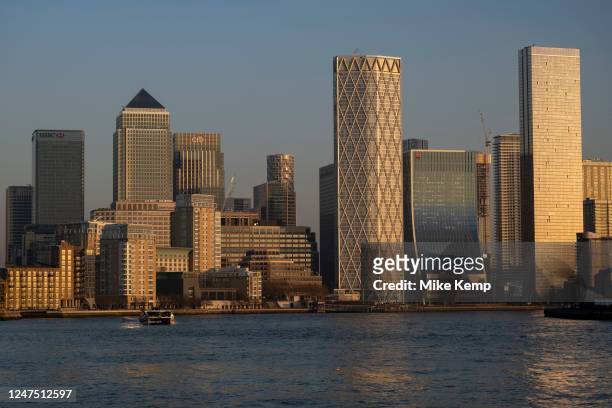 View of the Docklands area, Canary Wharf and financial district across the River Thames on 7th February 2023 in London, United Kingdom. Canary Wharf...