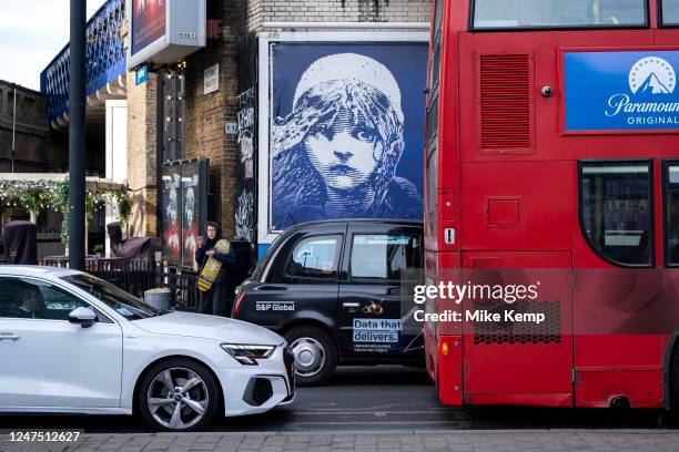 West End theatre show billboard advertising posters for the Theatreland hit Les Miserables in Waterloo on 10th February 2023 in London, United...