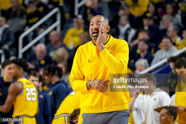 Head coach Juwan Howard of the Michigan Wolverines reacts against the Wisconsin Badgers during the first half at Crisler Arena on February 26, 2023...