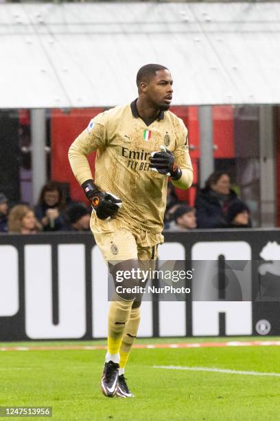 Mike Maignan of AC Milan in action during the Serie A football match between AC Milan and Atalanta BC at Giuseppe Meazza Stadium in San Siro in...