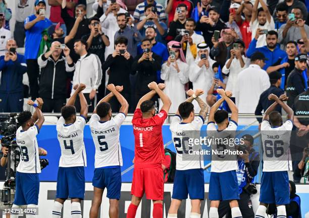 Players of Saudi Arabias Al Hilal Saudi FC celebrate after victory 7-0 the AFC Champions League 2022 semi-finals match between Al Hilal Saudi FC and...