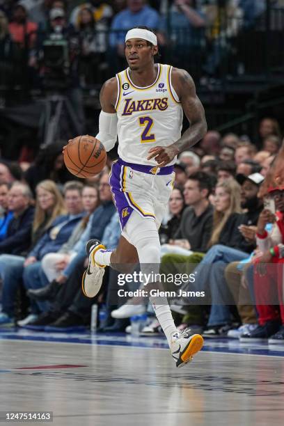 Jarred Vanderbilt of the Los Angeles Lakers handles the ball during the game on Febuary 26, 2023 at the American Airlines Center in Dallas, Texas....