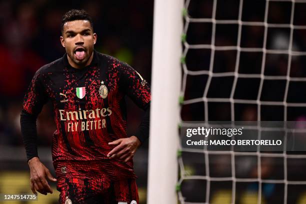 Milan's Brazilian forward Junior Messias celebrates after scoring his side's second goal during the Italian Serie A football match between AC Milan...