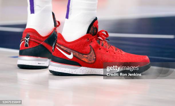 View of the shoes worn by LeBron James of the Los Angeles Lakers during the game against the Dallas Mavericks at American Airlines Center on February...