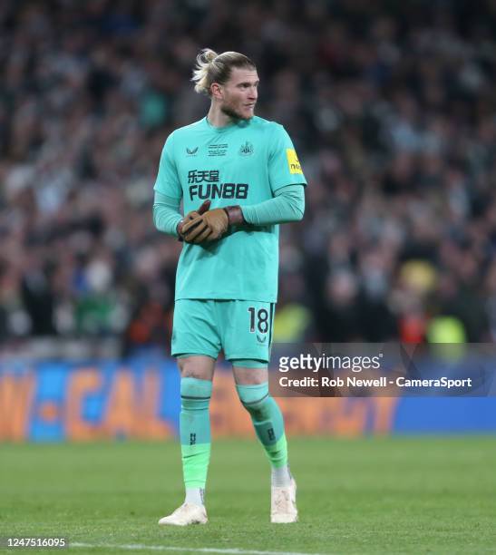 Newcastle United's Loris Karius during the Carabao Cup Final match between Manchester United and Newcastle United at Wembley Stadium on February 26,...
