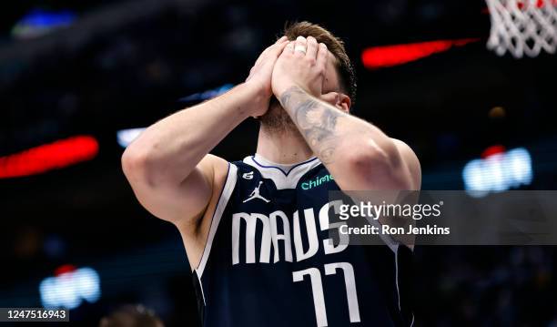 Luka Doncic of the Dallas Mavericks reacts against the Los Angeles Lakers late in the second half at American Airlines Center on February 26, 2023 in...