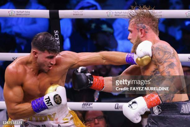 British reality TV star Tommy Fury fights against US YouTuber Jake Paul during a boxing match held at Diriyah in Riyadh, Saudi Arabia on February 27,...