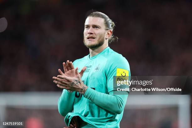 Newcastle goalkeeper Loris Karius during the Carabao Cup Final match between Manchester United and Newcastle United at Wembley Stadium on February...