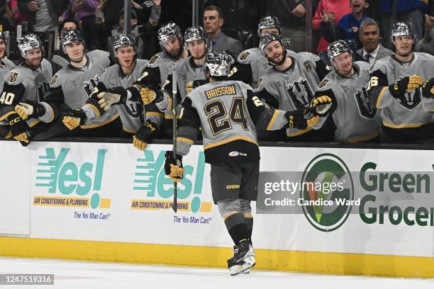 Brendan Brisson of the Henderson Silver Knights celebrates his third-period goal against the Calgary Wranglers at The Dollar Loan Center on February...