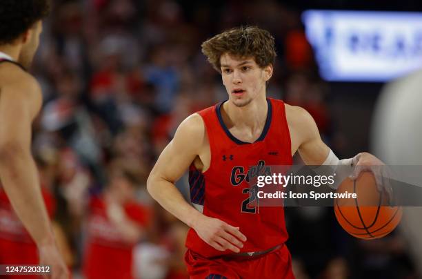 St. Mary's Gaels guard Aidan Mahaney with the ball during the game between the St. Mary's Gaels and the Gonzaga Bulldogs on February 25 at McCarthey...