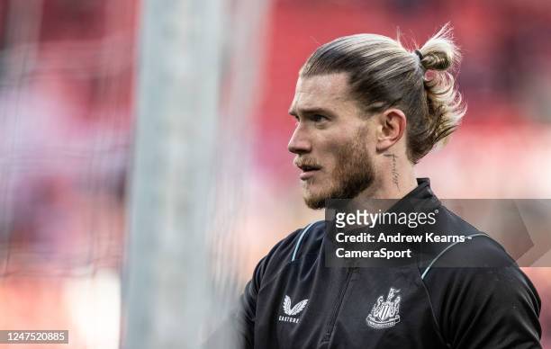 Newcastle Uniteds Loris Karius looks on during the Carabao Cup Final match between Manchester United and Newcastle United at Wembley Stadium on...