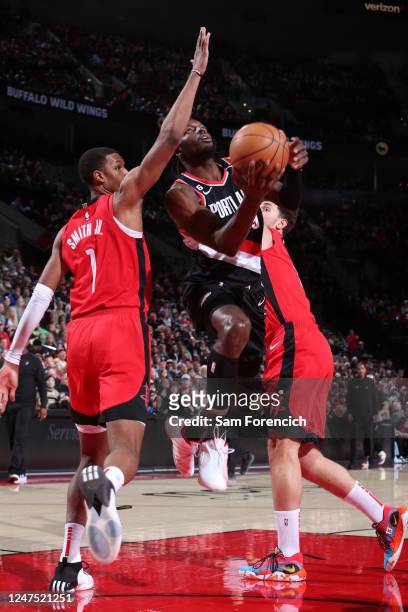Jerami Grant of the Portland Trail Blazers drives to the basket during the game against the Houston Rockets on February 26, 2023 at the Moda Center...