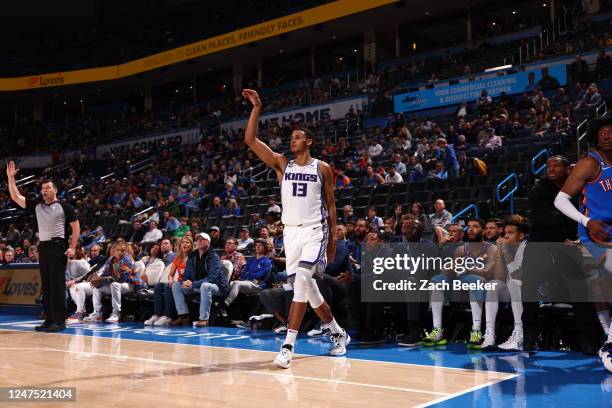 Keegan Murray of the Sacramento Kings shoots a three point basket during the game against the Oklahoma City Thunder on February 26, 2023 at Paycom...