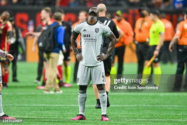 San Jose Earthquakes defender Jonathan Mensah reacts following the conclusion of the MLS match between the San Jose Earthquakes and Atlanta United FC...