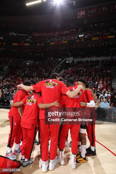 Houston Rockets huddle up before the game against the Portland Trail Blazers on February 26, 2023 at the Moda Center Arena in Portland, Oregon. NOTE...