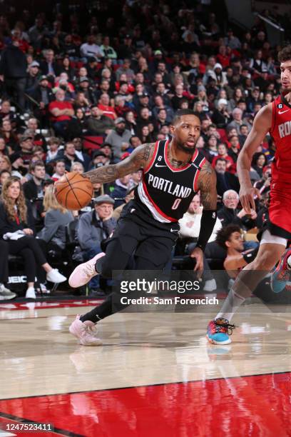 Damian Lillard of the Portland Trail Blazers drives to the basket during the game against the Houston Rockets on February 26, 2023 at the Moda Center...