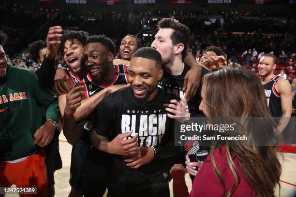 Damian Lillard of the Portland Trail Blazers scores career-high 71 points during the game against the Houston Rockets on February 26, 2023 at the...
