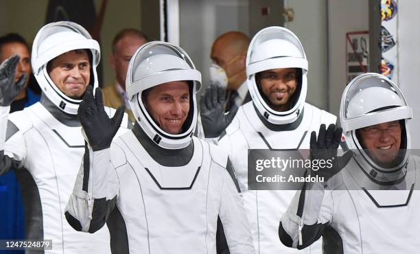 Crew-6 members Russian cosmonaut Andrey Fedyaev, NASA astronaut Warren Hoburg, Sultan Al Neyadi of the United Arab Emirates, and NASA astronaut...