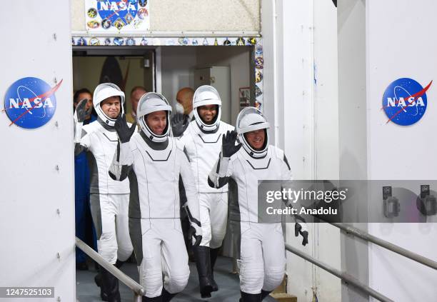 Crew-6 members Russian cosmonaut Andrey Fedyaev, NASA astronaut Warren Hoburg, Sultan Al Neyadi of the United Arab Emirates, and NASA astronaut...