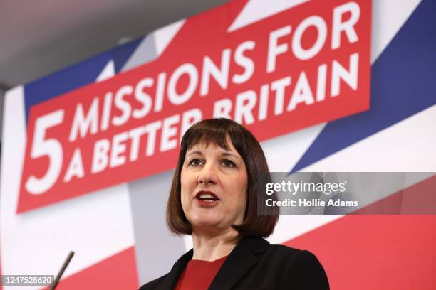 Shadow Chancellor Rachel Reeves speaks as Labour leader Sir Keir Starmer delivers a speech on the economy at UK Finance London EC2 on February 27,...