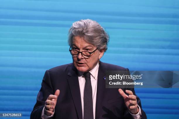 Thierry Breton, internal market commissioner for the European Union , delivers a keynote on the opening day of the Mobile World Congress at the Fira...