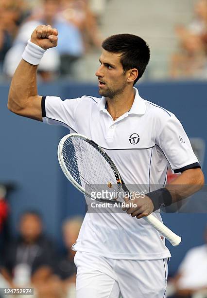 Novak Djokovic of Serbia reacts against Rafael Nadal of Spain during the Men's Final on Day Fifteen of the 2011 US Open at the USTA Billie Jean King...