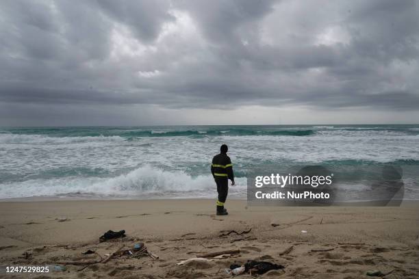 Rescue team at the beach where where wreckage of a shipwreck were found in southern Italy which has left dozens of migrants dead after the boat in...