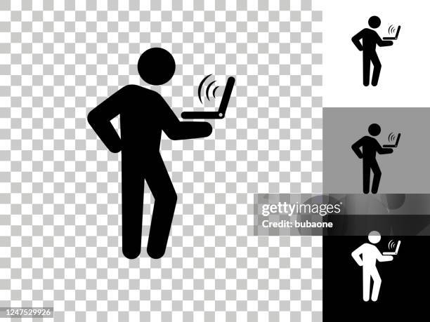 man using laptop icon on checkerboard transparent background - holding note book stock illustrations
