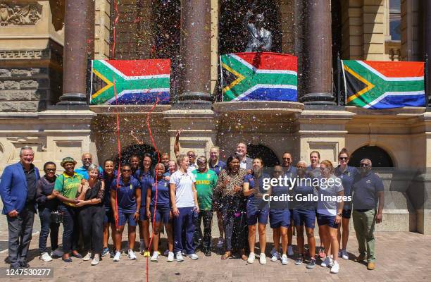 The South Africa women's national cricket team during the South Africa women's national cricket team media opportunity at Cape Town City Hall on...