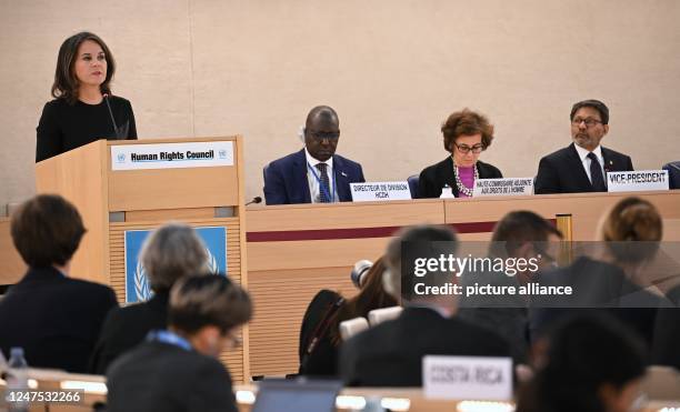 February 2023, Switzerland, Genf: Annalena Baerbock , Federal Minister for Foreign Affairs, speaks at the 52nd session of the United Nations Human...