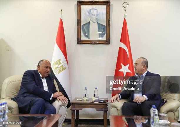 Turkish Foreign Minister Mevlut Cavusoglu meets with his Egyptian counterpart Sameh Shoukry at Adana Sakirpasa Airport in Adana, Turkiye after 7.7...