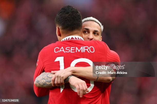 Casemiro of Manchester United celebrates with Antony during the Carabao Cup Final match between Manchester United and Newcastle United at Wembley...