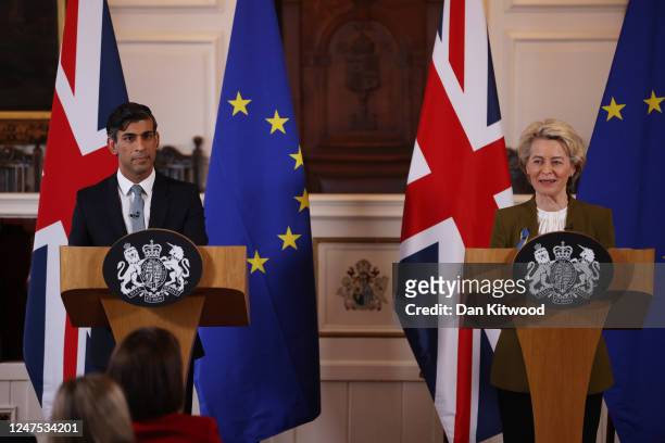 Prime Minister Rishi Sunak and EU Commission President Ursula von der Leyen hold a press conference at Windsor Guildhall on February 27, 2023 in...