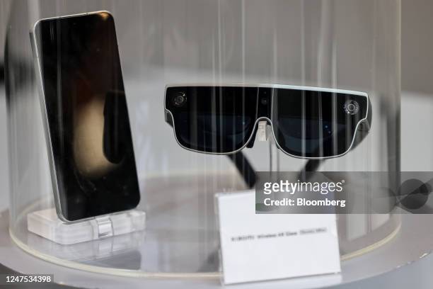 Prototype pair of wireless augmented reality glass discovery edition glasses at the Xiaomi Corp. Stand on the opening day of the Mobile World...