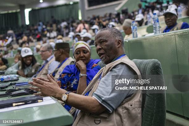 Former South African president and head of the Commonwealth observer mission to Nigeria Thabo Mbeki gestures during a press conference organized by...